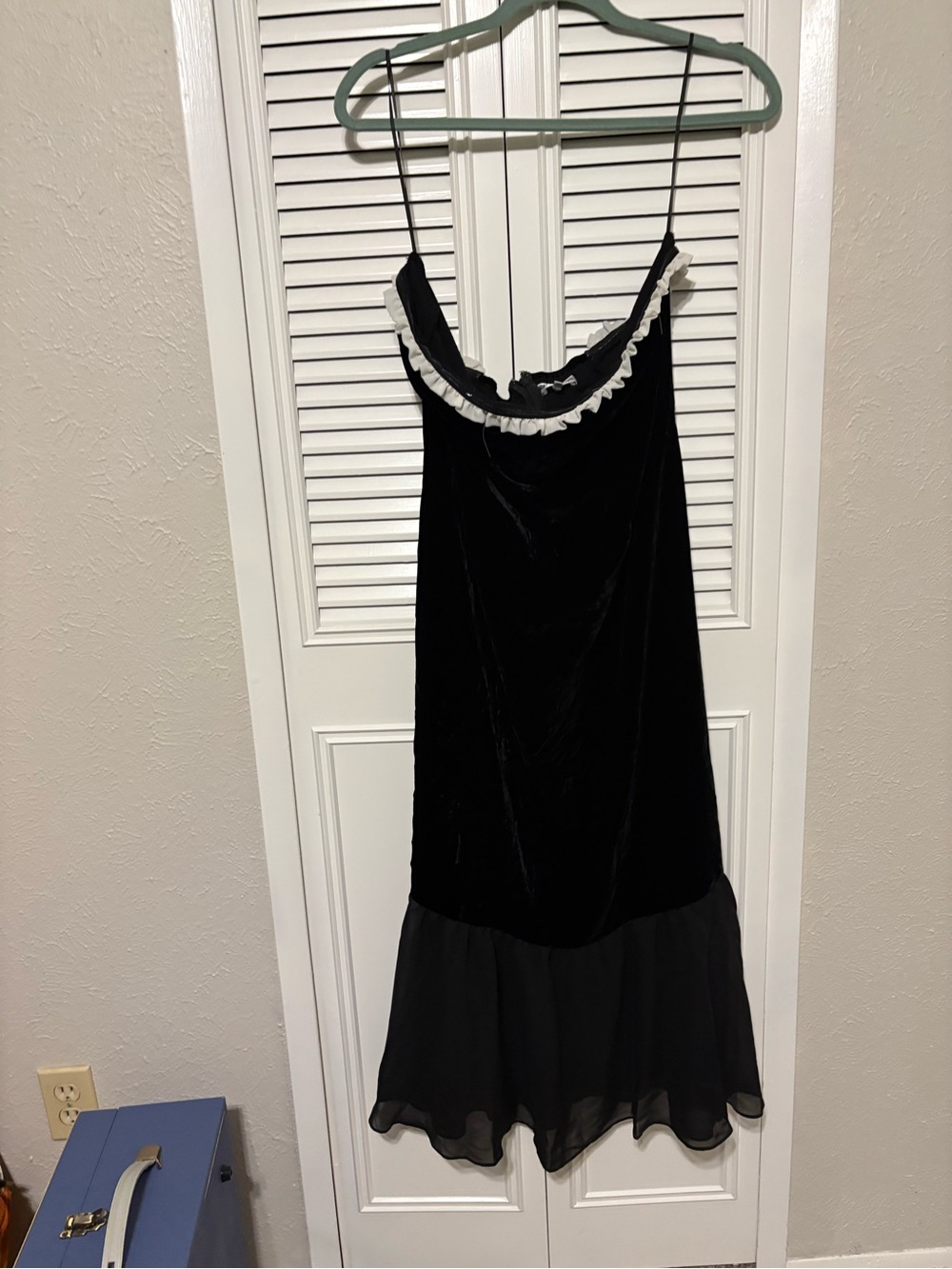 Reformation Black Velvet Midi Slip Dress with White Ruffle Trim